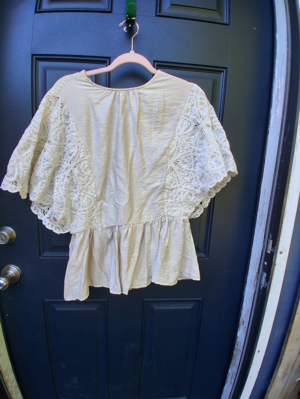 Sweet Rain Cream Crochet Flutter Sleeve Peplum Top